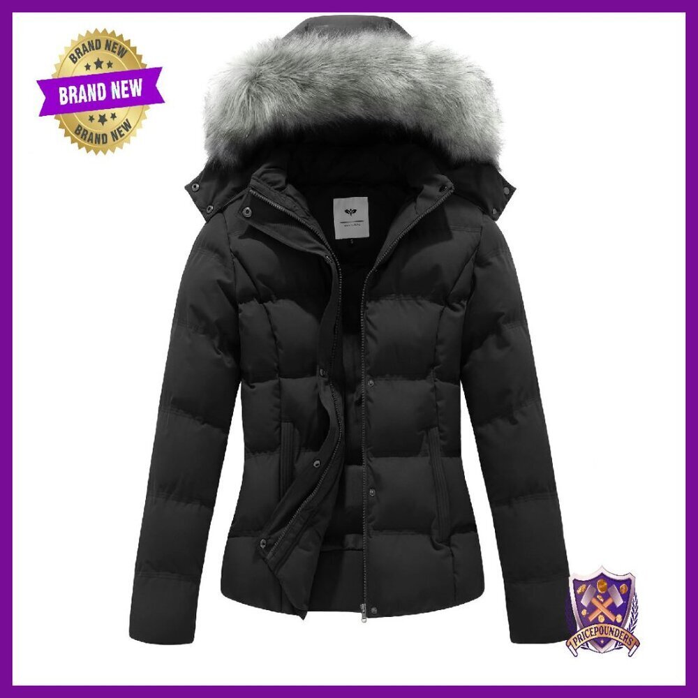 Women's Quilted Puffer Jacket with Removable Fur Hood Winter Coat